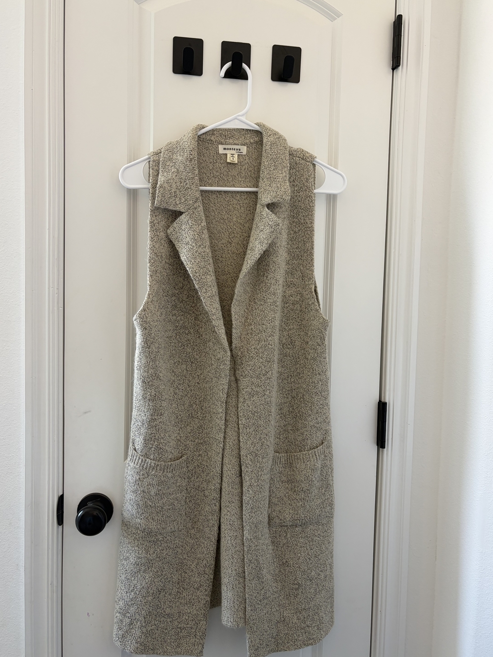 Monteau Los Angeles Women S Long Knit Duster Vest Gray Open Front Pockets